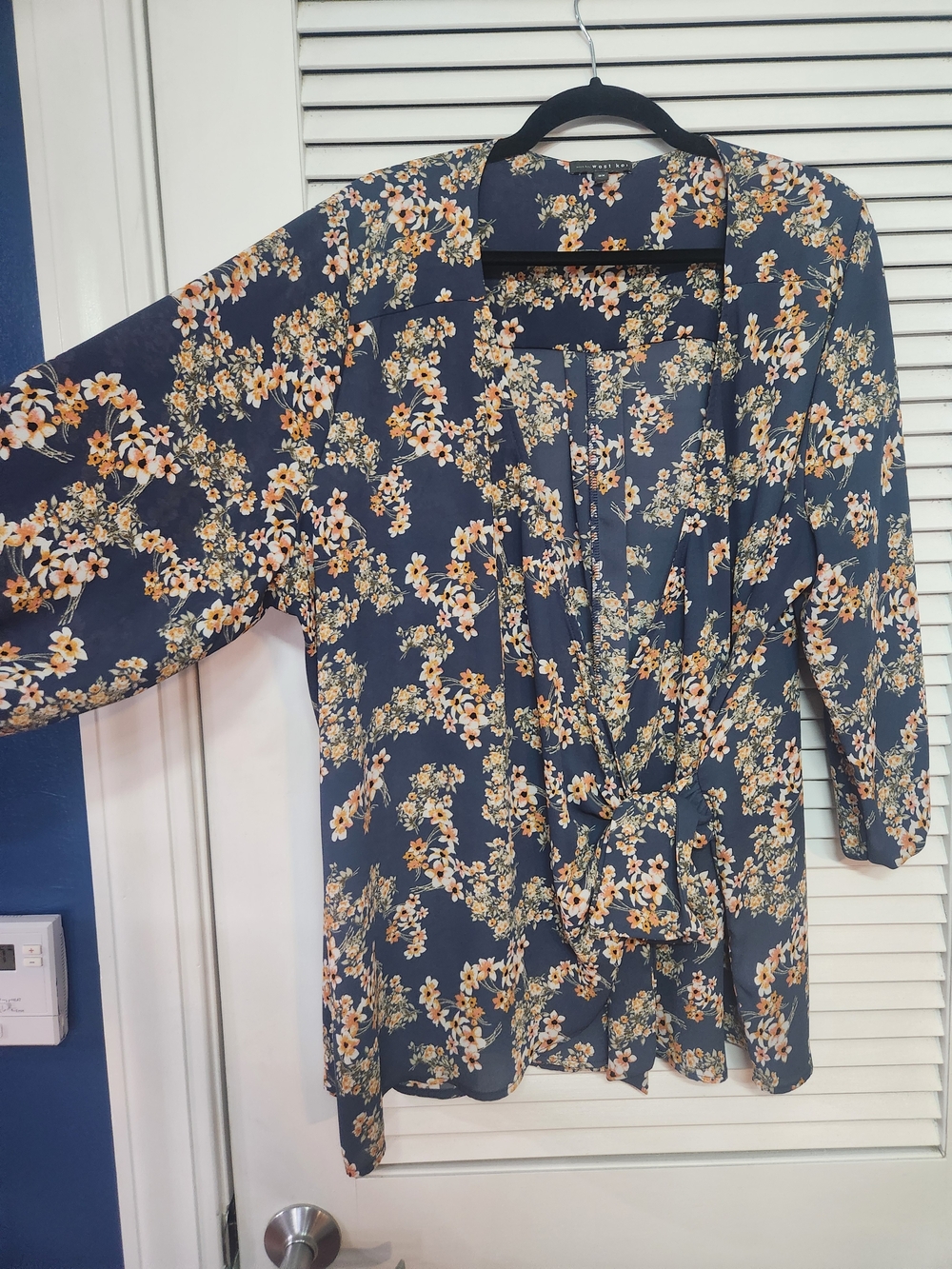 West Kei Navy Floral Blouse with Yellow-Orange Blooms
